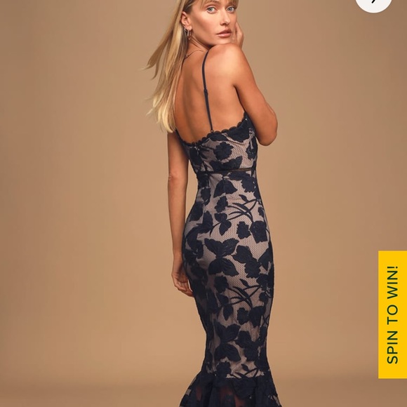 Lulus Alluring Dream Navy Blue Floral Mesh Lace Trumpet Midi Dress Wedding Guest - Picture 6 of 9